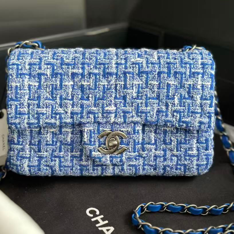Chanel 2026 Mini Rectangular Flap Bag Blue Tweed Aged Silver Hardware