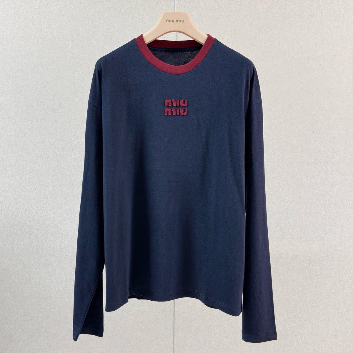 Miu Miu 2026 Long-sleeved T-shirt Navy Blue Red Cotton