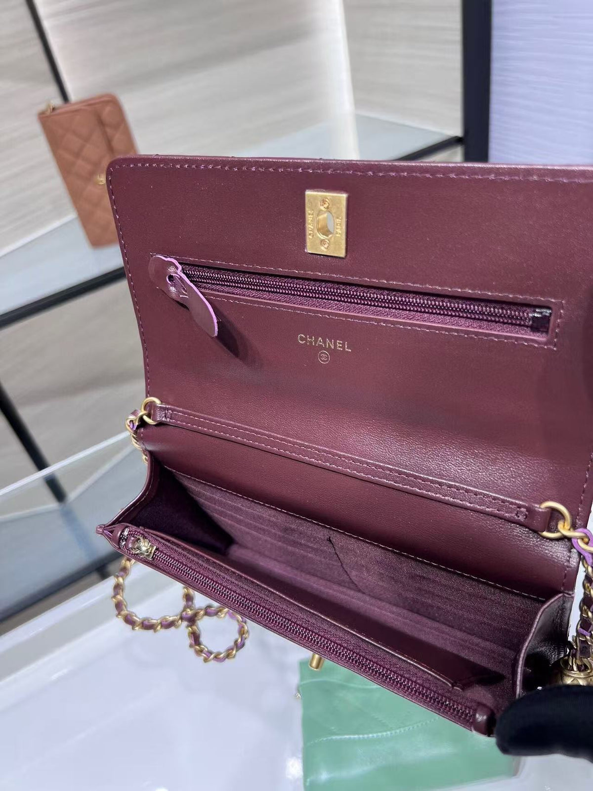 Chanel 2026 Quilted Wallet On Chain 19cm Burgundy Leather