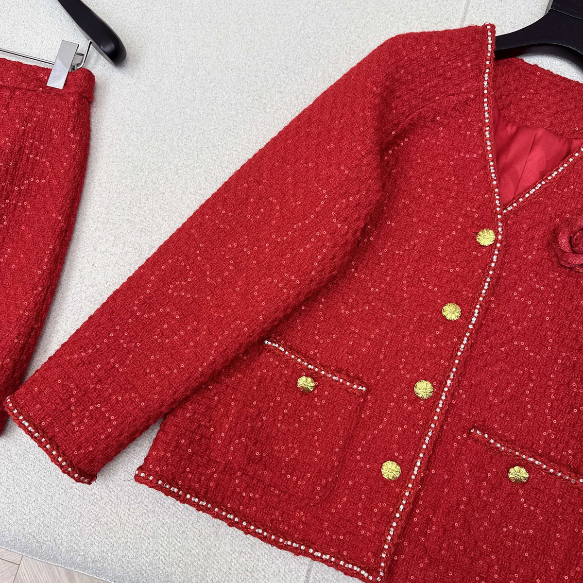 Chanel 2026 Short Jacket And Skirt Set Red Tweed