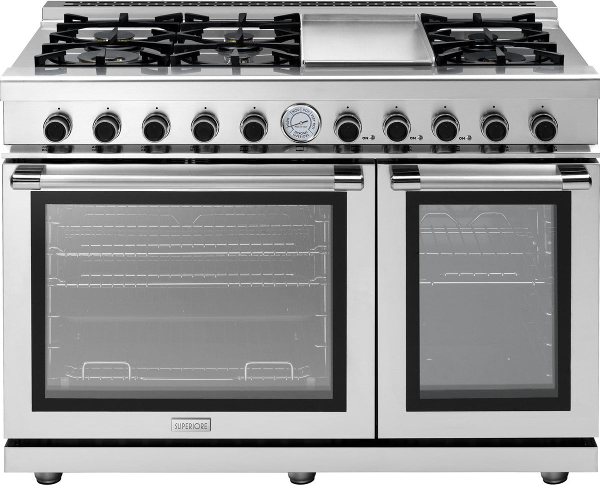 Superiore RN482GPS_S_ NEXT 48” Panorama Stainless Steel Range with 6 Burners, Griddle, and 2 Ovens