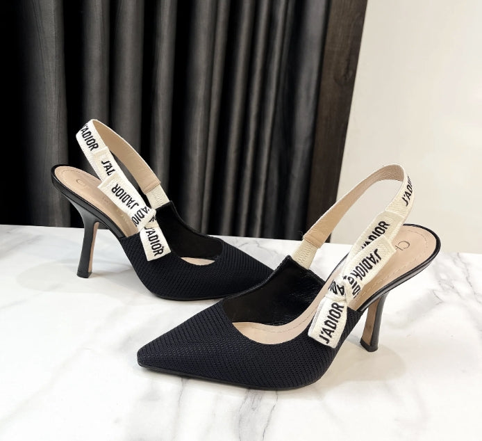 CD Slingback Pump Black Technical Fabric Beige Calfskin