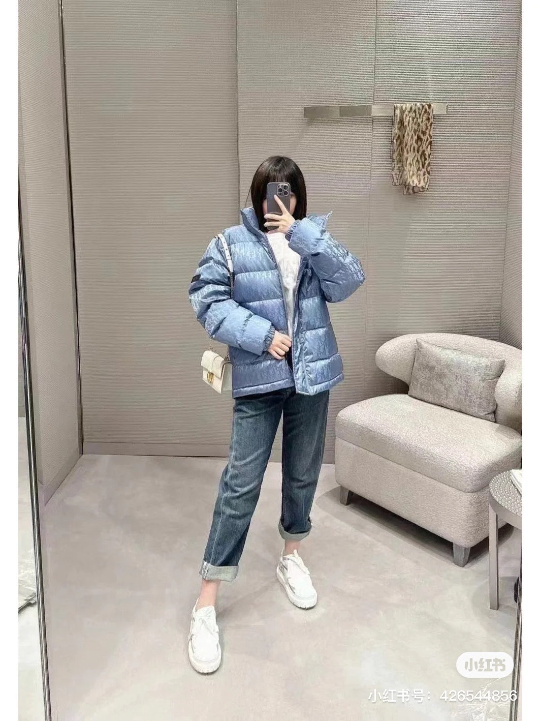 Dior Oblique Down Jacket Blue Jacquard Fabric