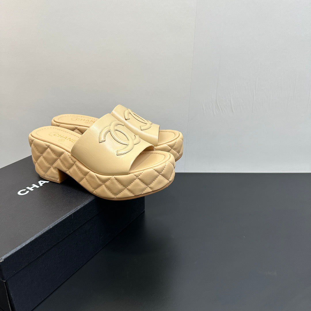 Chanel Chanel Wedge Sandals Beige Lambskin