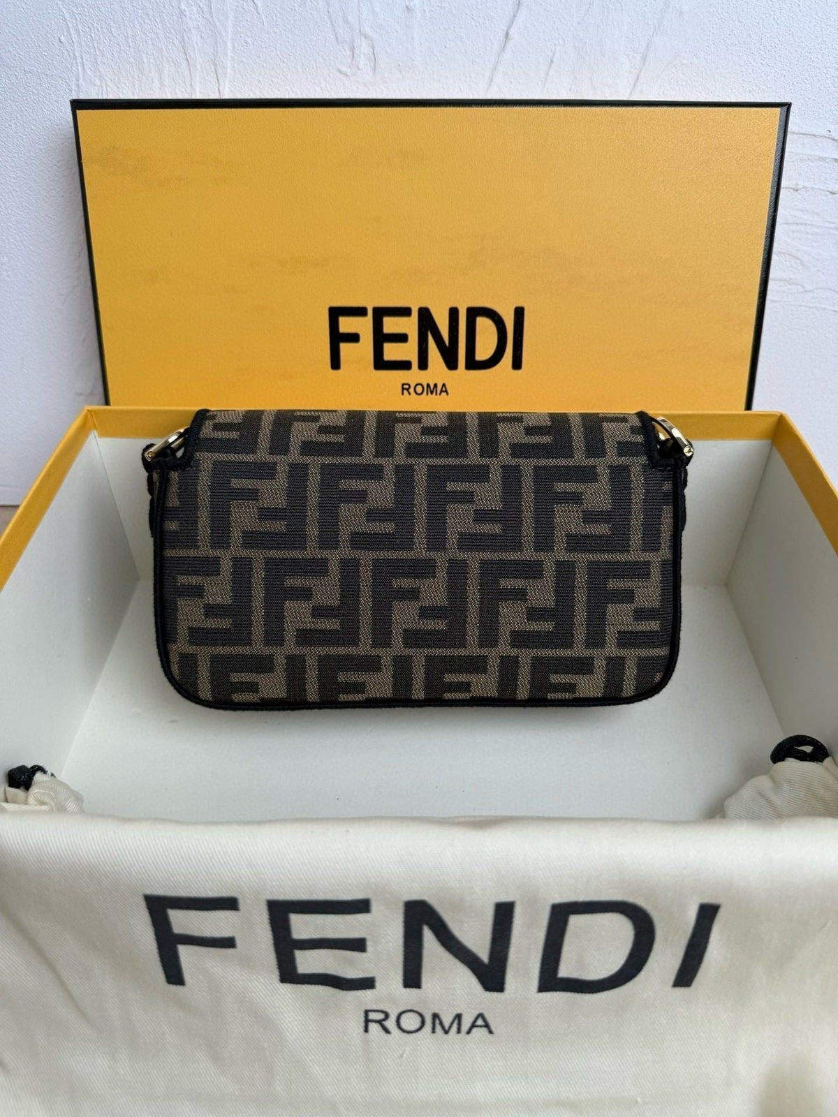 Fendi Baguette Mini FF Bag Brown Jacquard Fabric