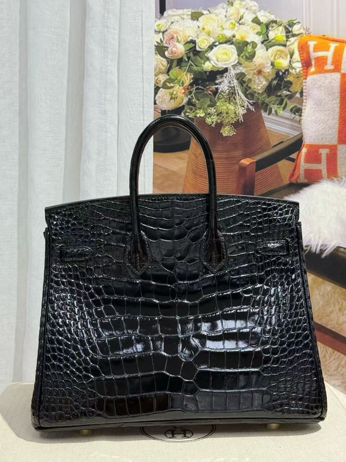 HM  Birkin 25cm Shiny Black Porosus Crocodile Gold Hardware