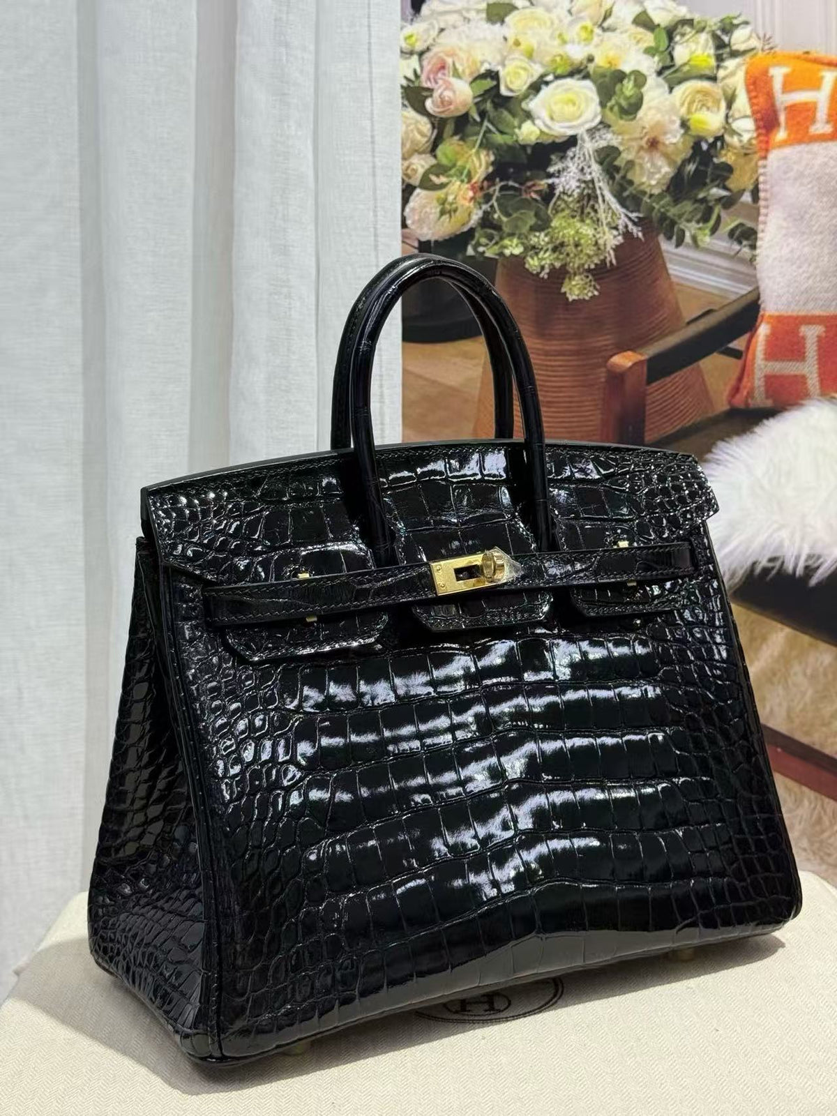 HM  Birkin 25cm Shiny Black Porosus Crocodile Gold Hardware
