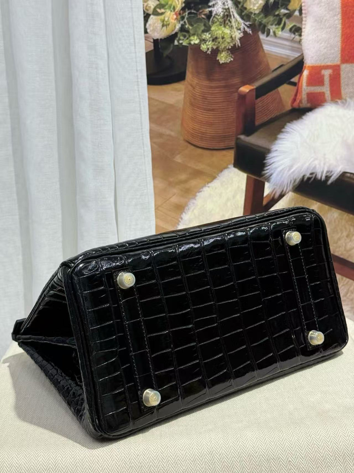 HM  Birkin 25cm Shiny Black Porosus Crocodile Gold Hardware