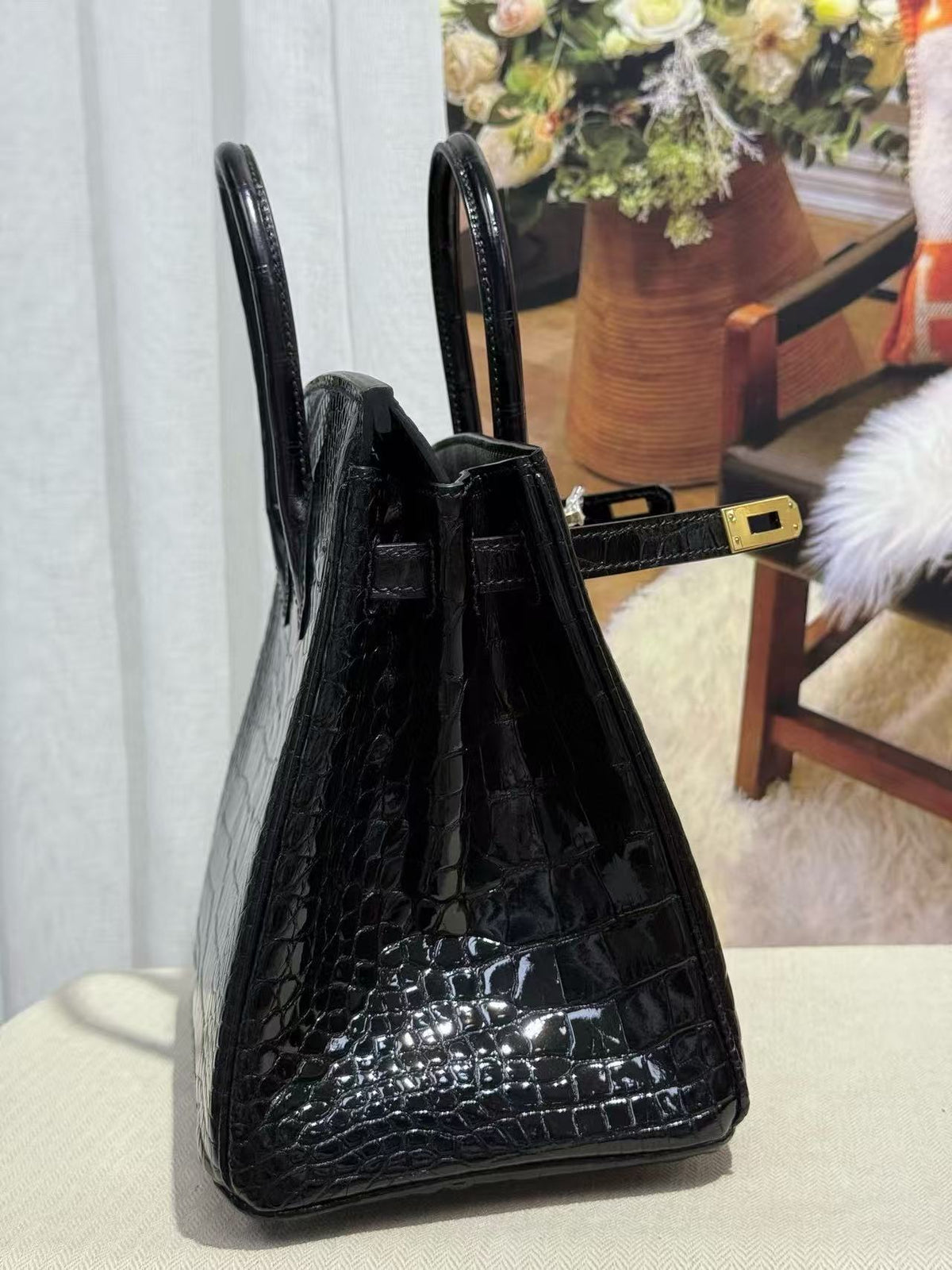 HM  Birkin 25cm Shiny Black Porosus Crocodile Gold Hardware