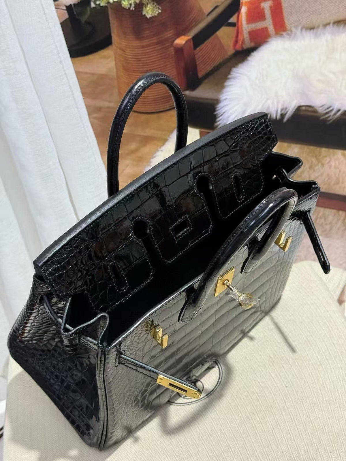 HM  Birkin 25cm Shiny Black Porosus Crocodile Gold Hardware