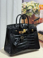 HM  Birkin 25cm Shiny Black Porosus Crocodile Gold Hardware