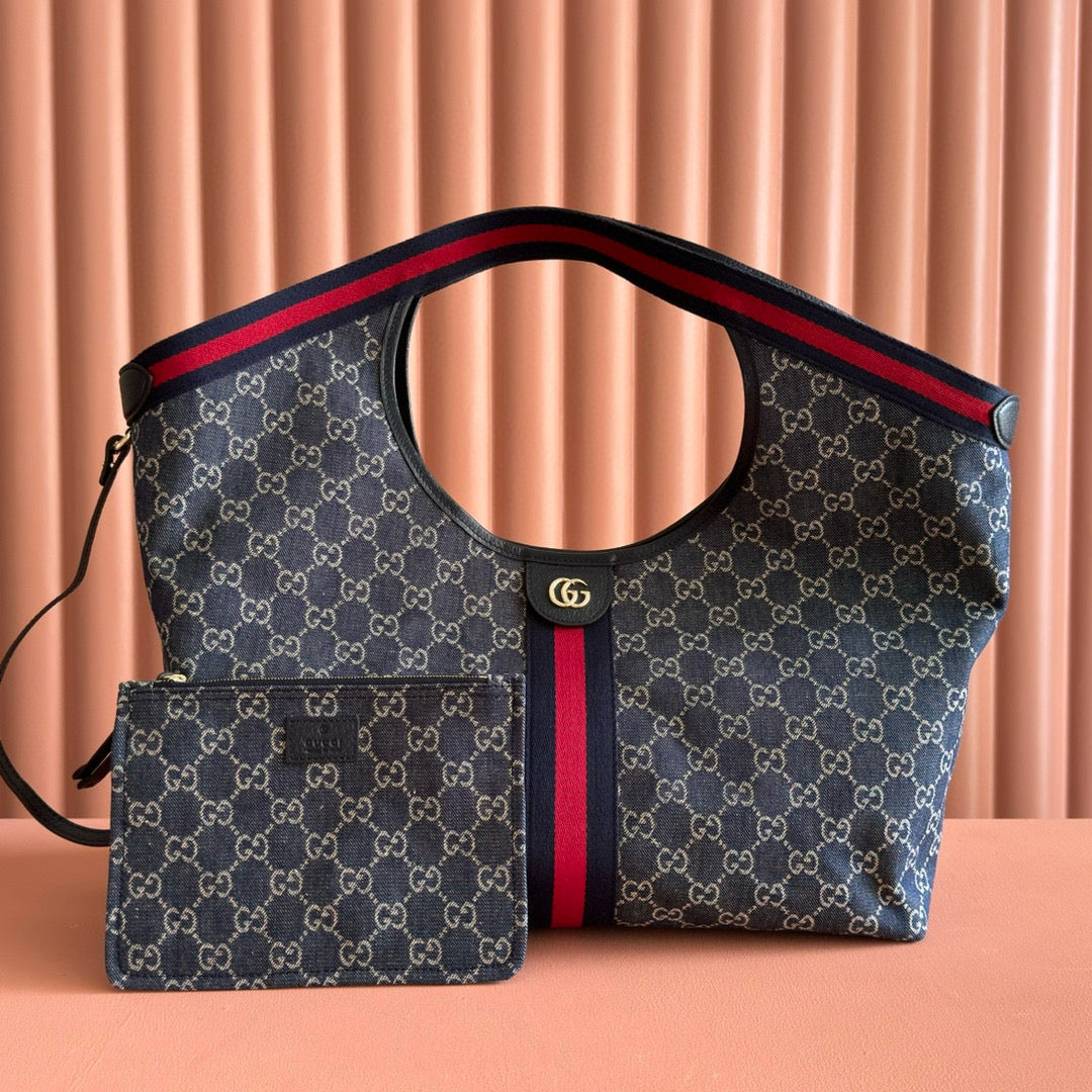 Gucci Giglio Large Tote Bag Blue and Red Denim
