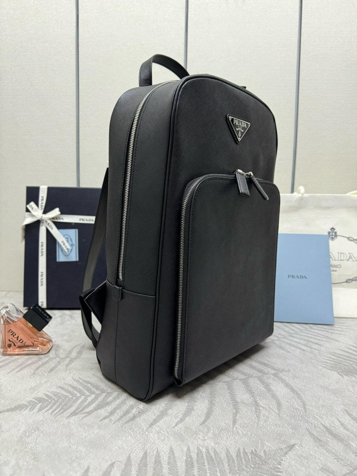 Prada Triangle-Logo Zipped Backpack Black Saffiano leather