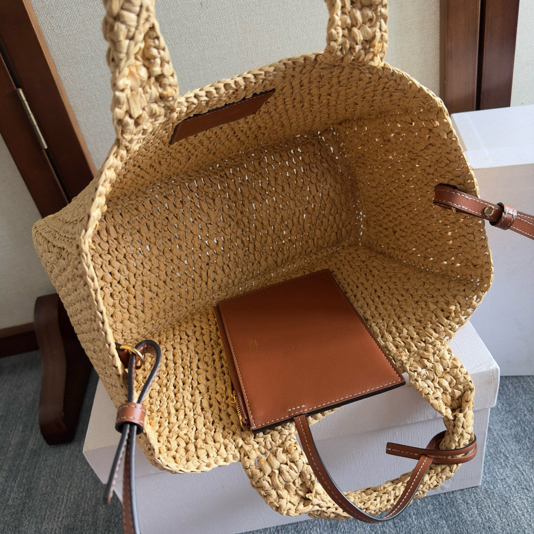 Celine Cabas Thais Handbag Beige mix Brown Plant Material And Cow Leather