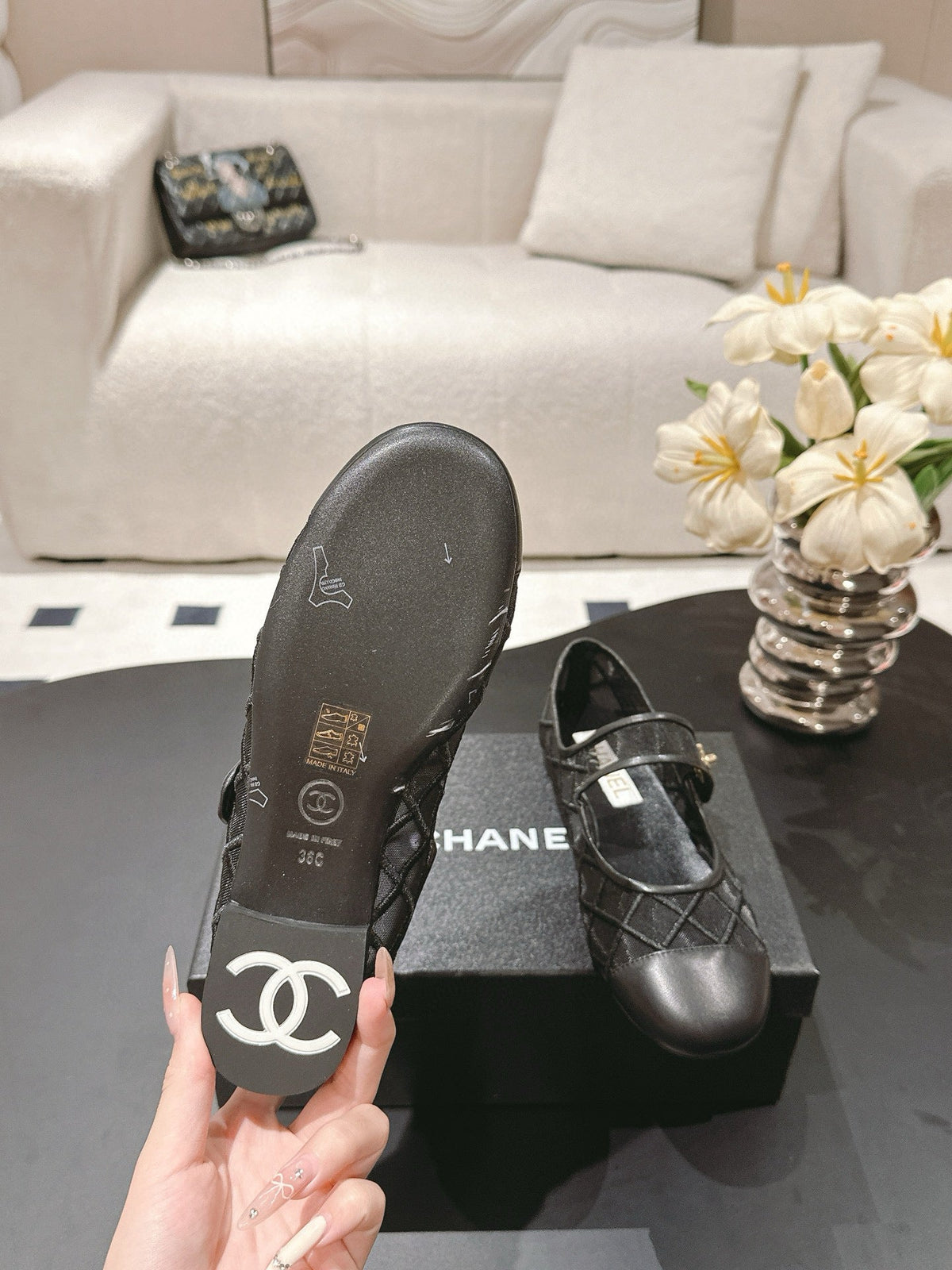 Chanel Mary Janes Flats Black Mesh Leather
