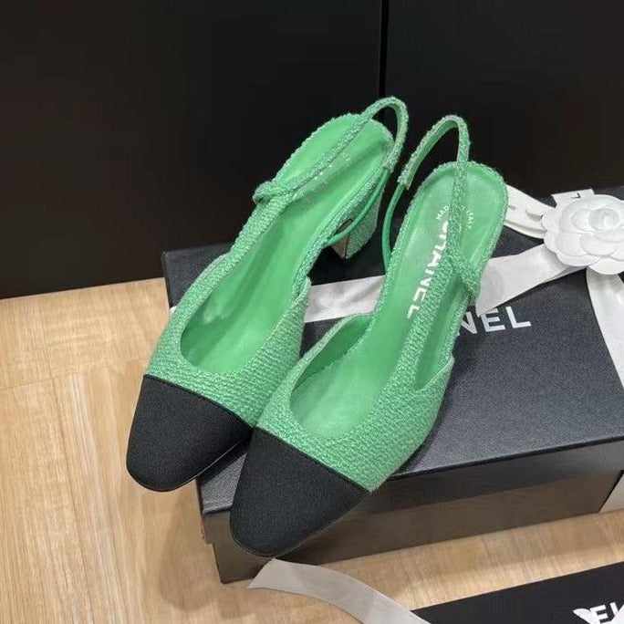high heel 50 slingbacks green black lambskin tweed