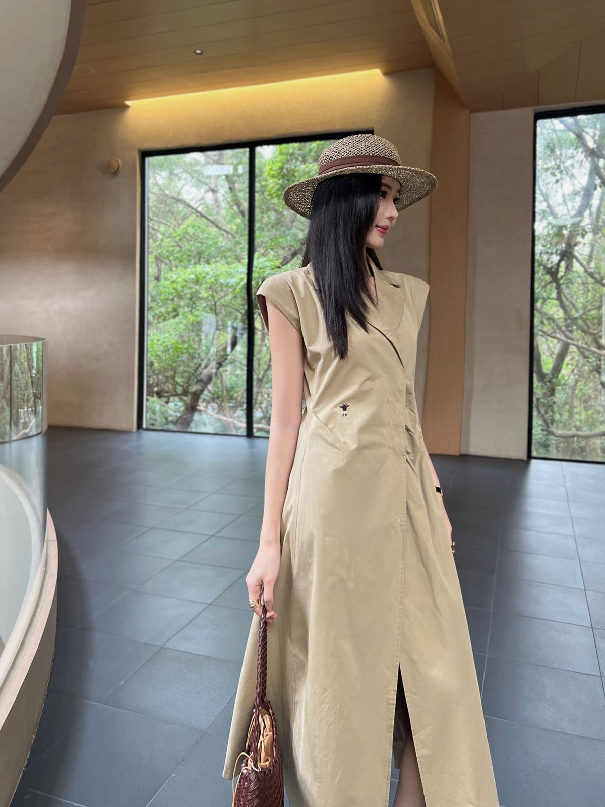 CD Mid-Length Dress Olive Cotton Gabardine
