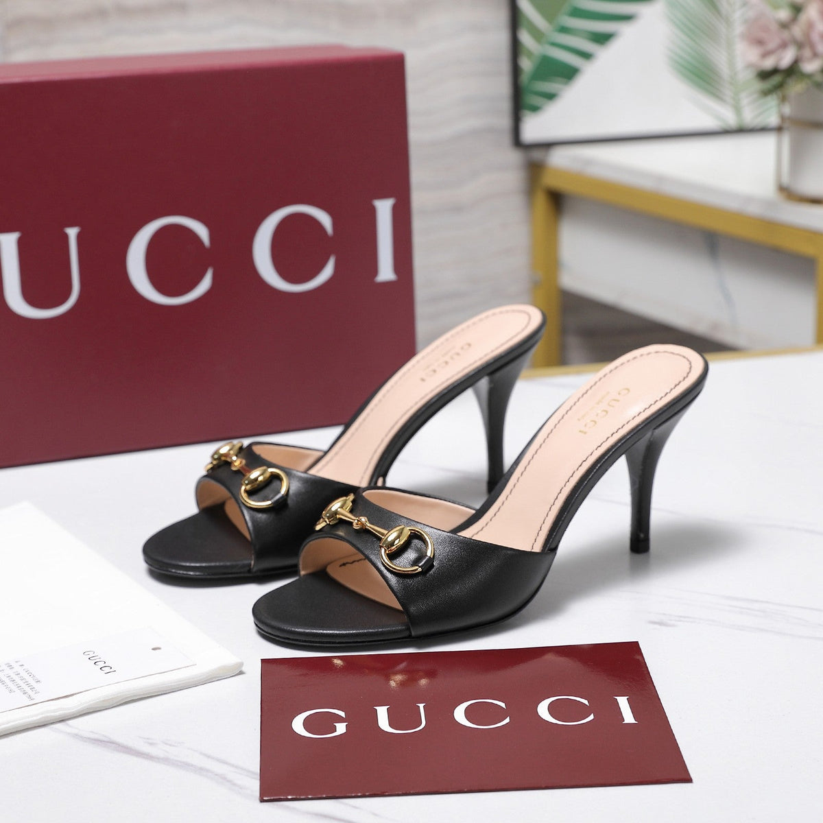 Gucci 2026 High-Heeled Slide Sandals 85mm Black Leather 758705