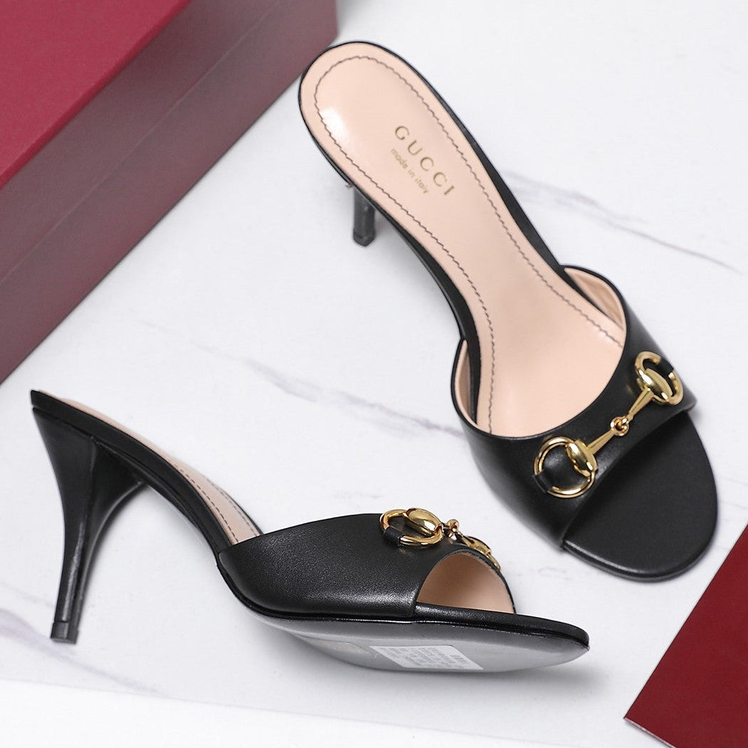 Gucci 2026 High-Heeled Slide Sandals 85mm Black Leather 758705