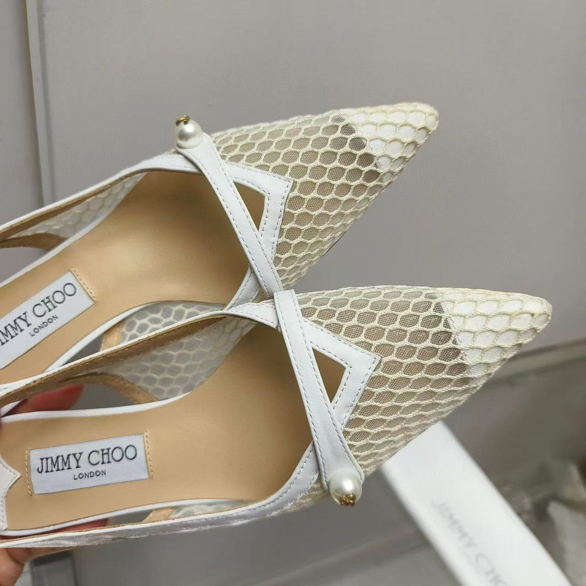 Jimmy Choo Slingback Pum White Beige Heel Mesh and Leather