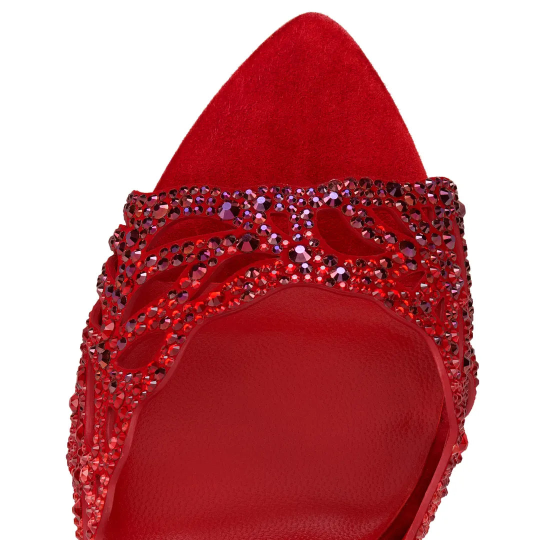 CL 26ss High Heel Mules 100 Red Rhinestones Suede Leather