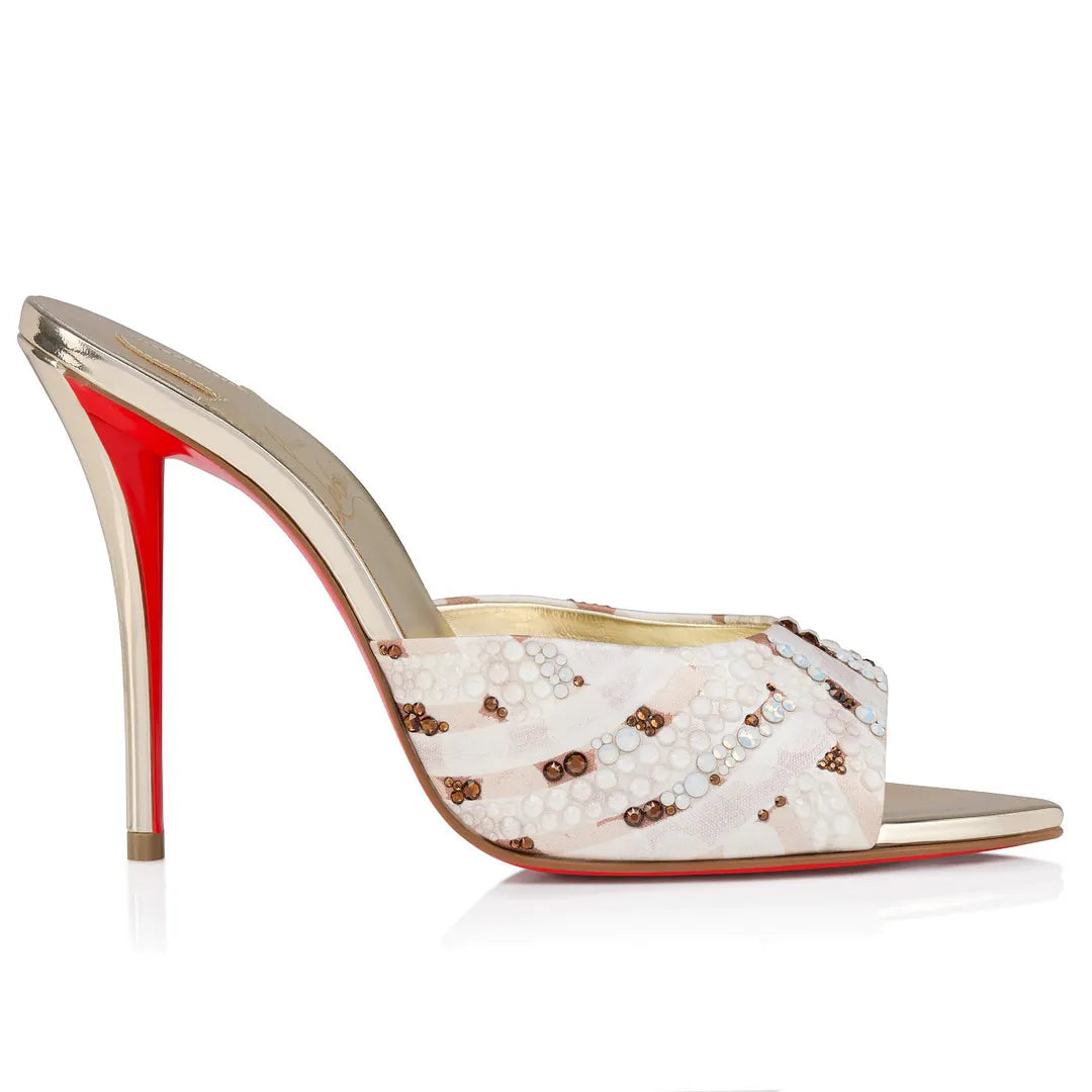 CL 26ss High Heel Mules 100 Ivory Bronze Rhinestones Sheer Fabric