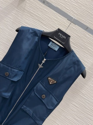 Prada 2025 Sleeveless Zipper Dresses Blue and Black Poliamide
