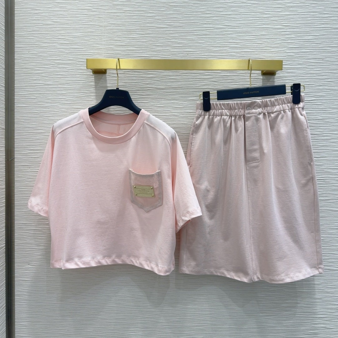 LV 25 Versatile T-shirt Set Pink Cotton