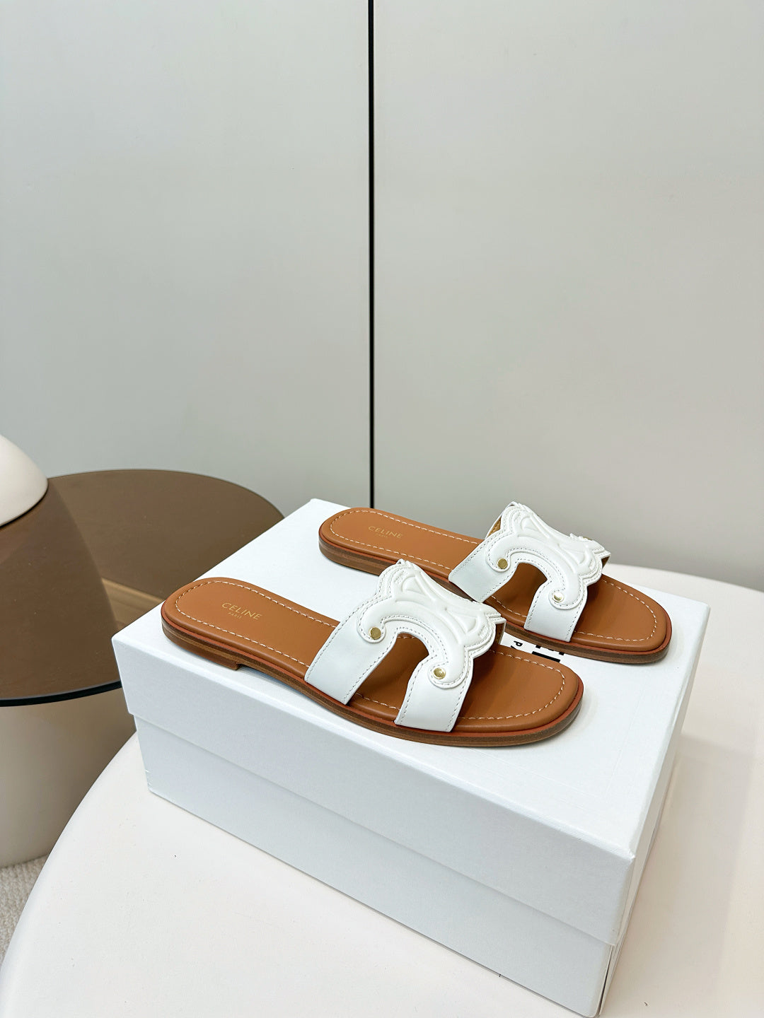 Celine 26  Triomphe Slide Sandals Leather 773953