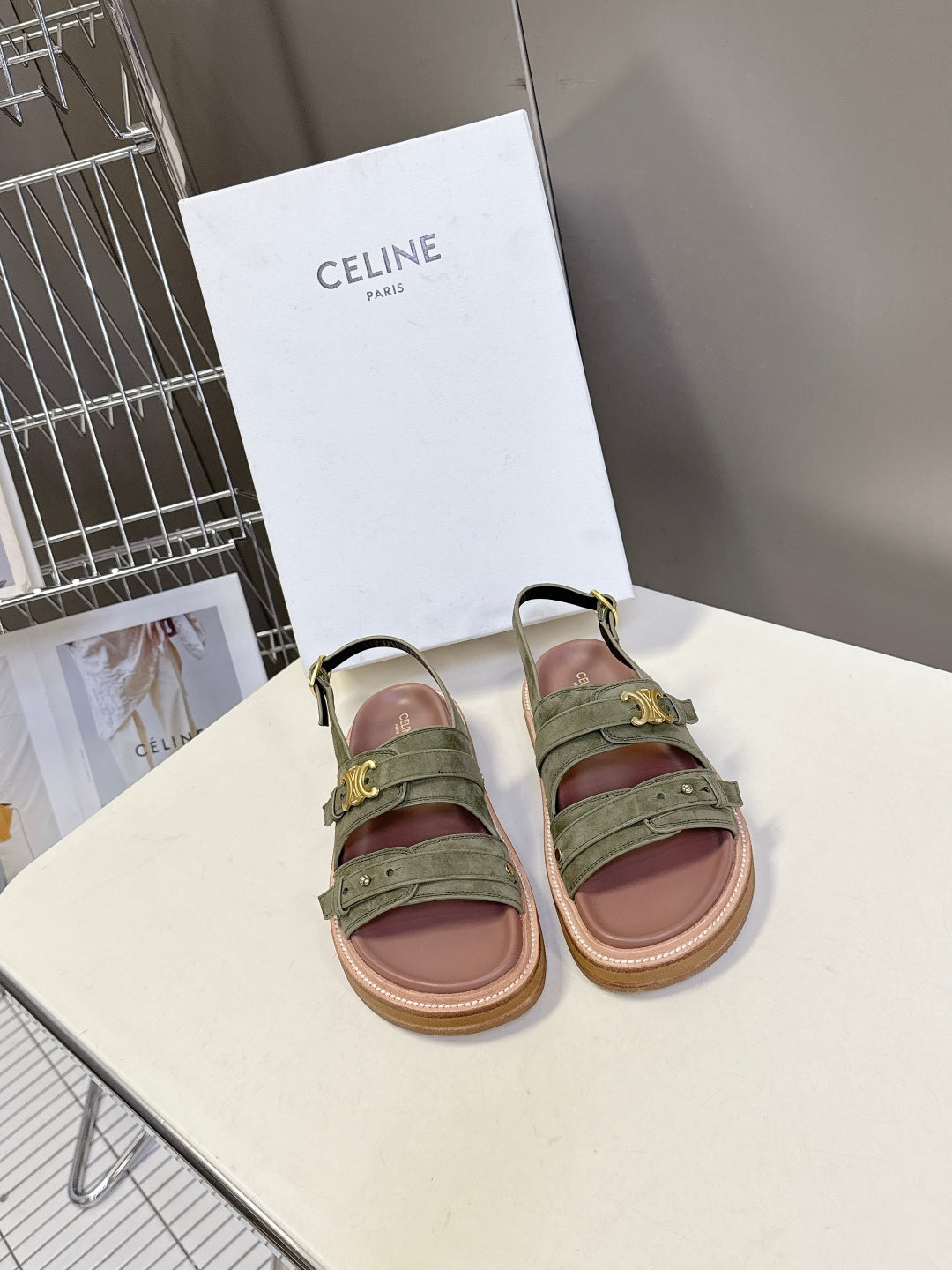 Celine 26 Tippi Triomphe Sandals In Suede Calfskin 773299