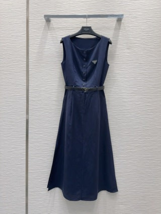 Prada 2025 Sleeveless Dress with Belt Navy Blue and White Linen