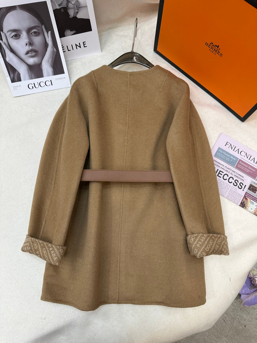 Prada 25 Mid-length Coat Camel Wool 637360