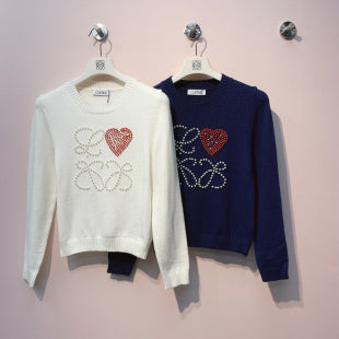 Loewe 2025 White and Blue Beaded Logo Sweater Wool Cashmere 314435