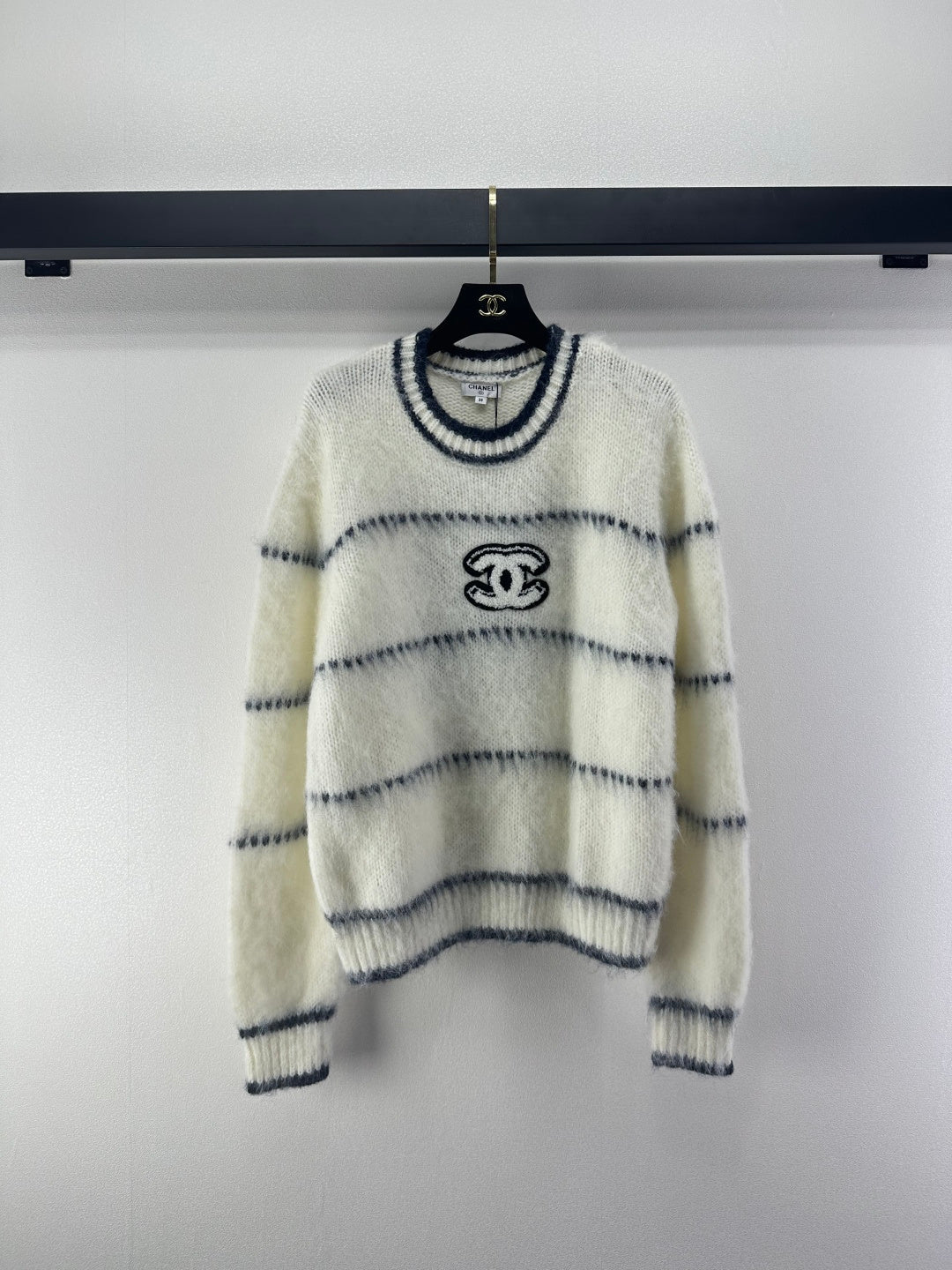 Chanel 2025 Fuzzy Striped Sweater Blue and White Wool 329253