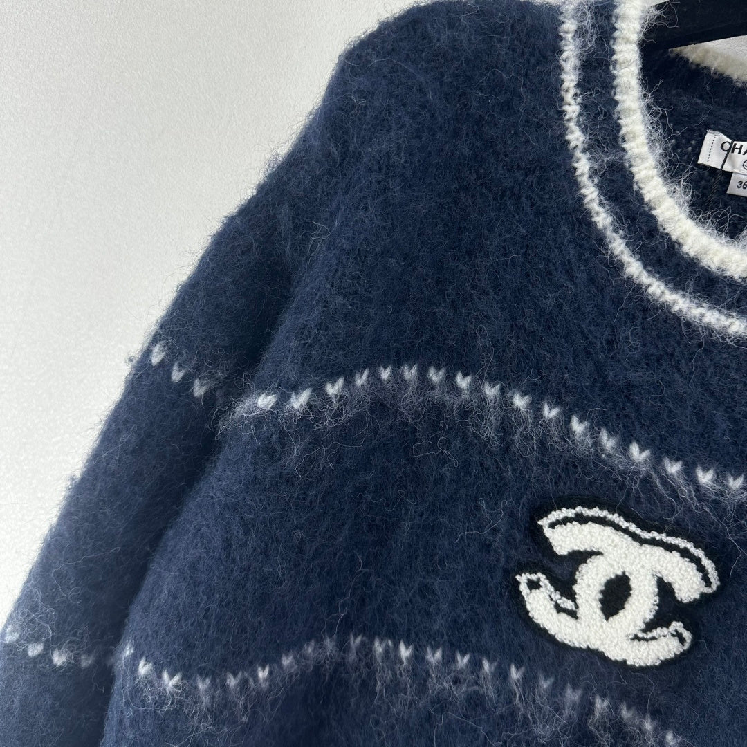 Chanel 2025 Fuzzy Striped Sweater Blue and White Wool 329253