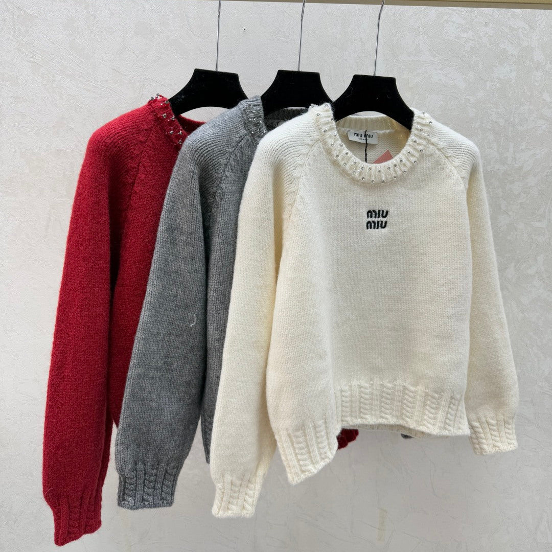 Miumiu 2025 Embellished Neckline Sweater Wool