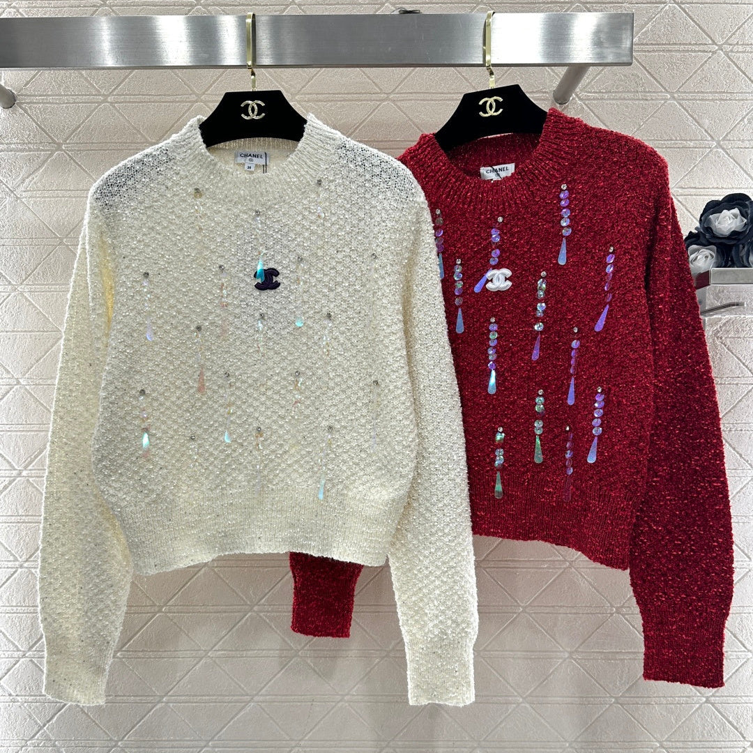 CC 26 Crew Neck Sequined Pullover Sweater Cream Red Wool 331243