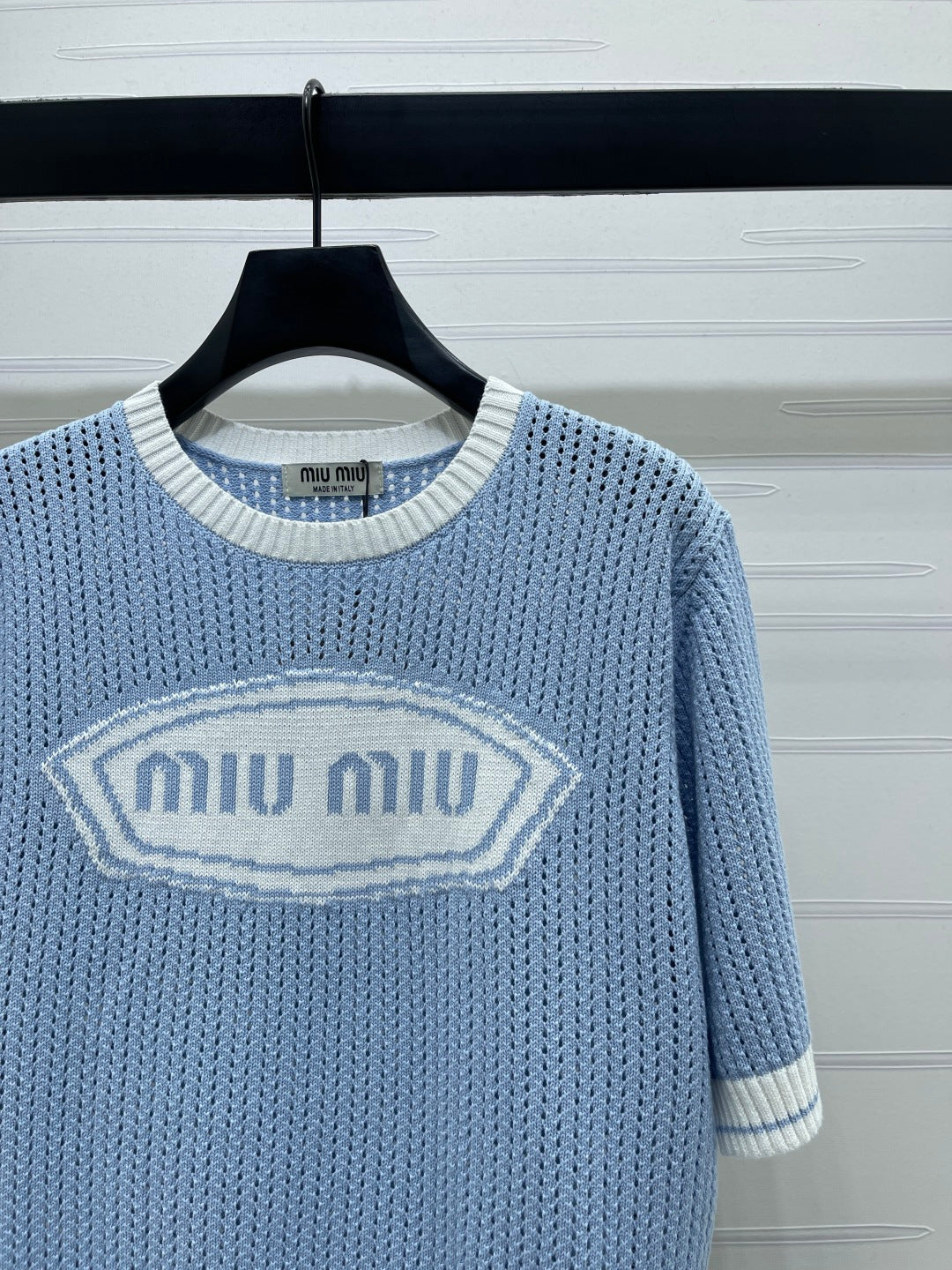 Miumiu 2026 Crew Neck Openwork Knit Short-sleeved Shirt Wool