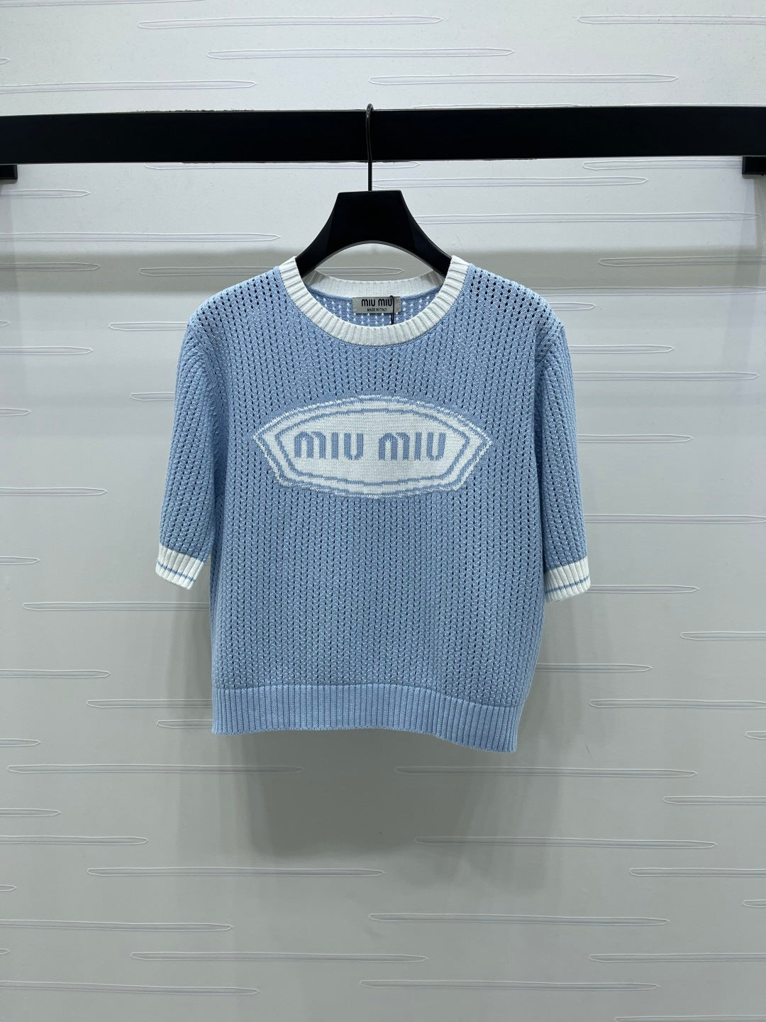 Miumiu 2026 Crew Neck Openwork Knit Short-sleeved Shirt Wool