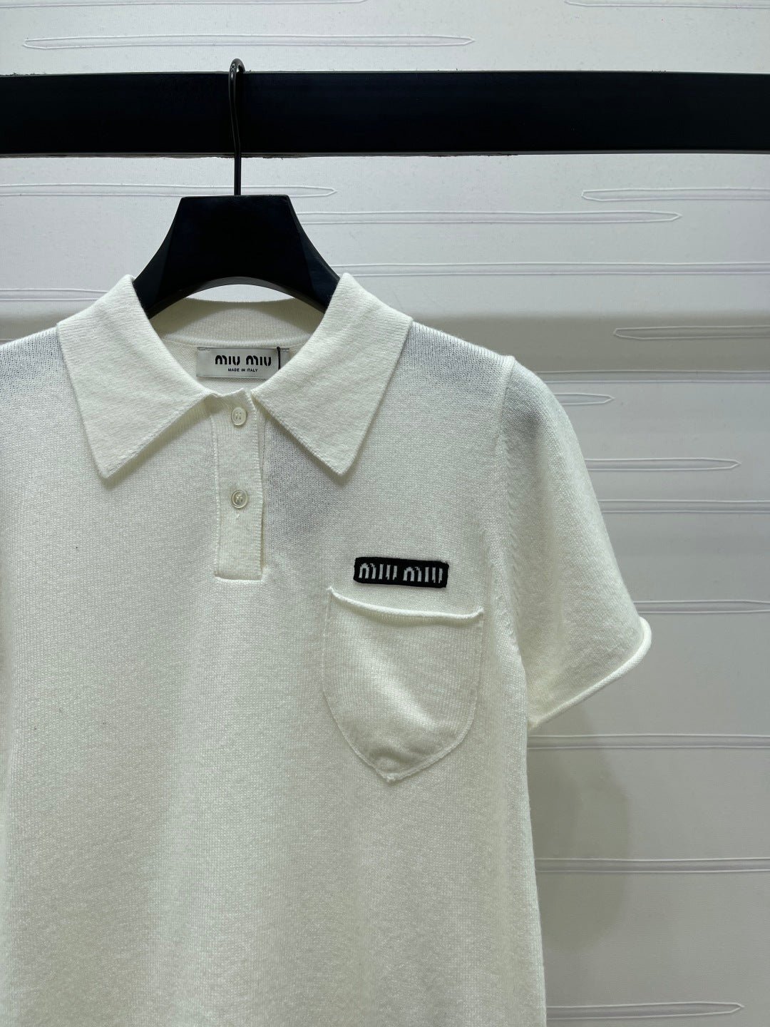 Miumiu 2026 Collared Knit Short-sleeved Sweater Cream and Gray Cashmere