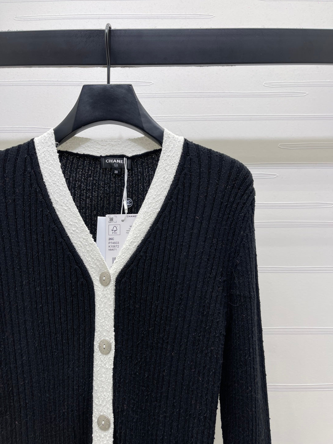 Chanel 2026 V-neck Knit Cardigan White and Black Wool Viscose