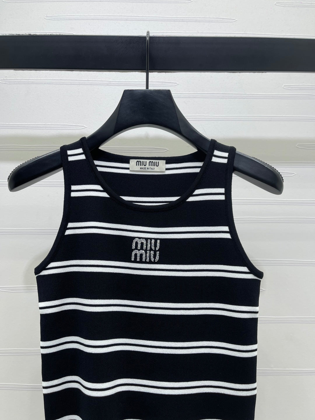 Miumiu 2026 Crew Neck Striped Knit Vest Black and White Wool 352631