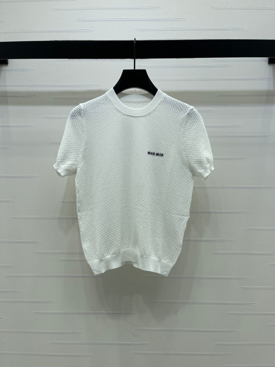 Miumiu 2026 Crew Neck Knit Short-Sleeve Shirt with Letter Logo Tencel