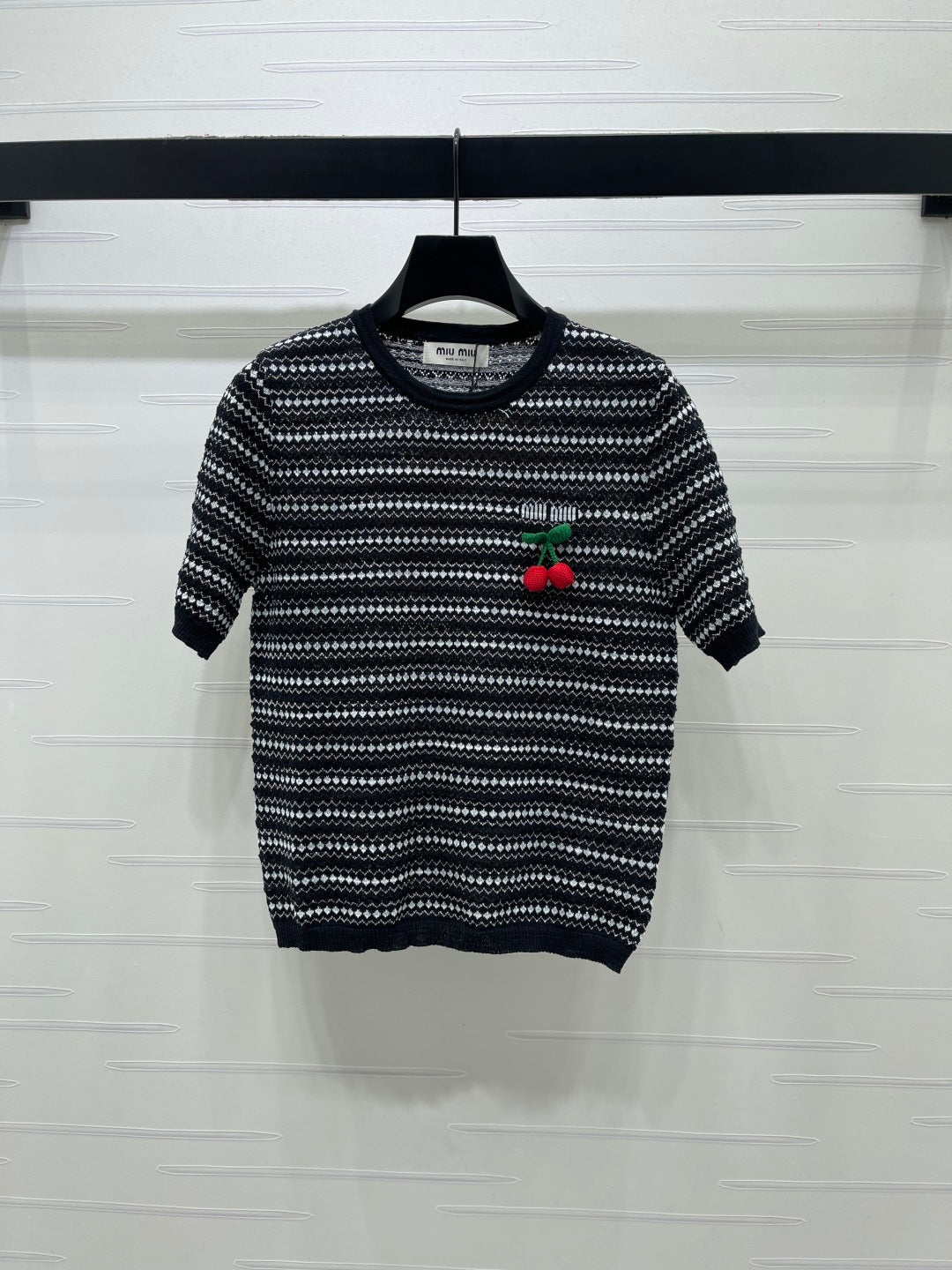 Miumiu 2026 Cherry-embroidered Knitted Shirt Tencel Nylon