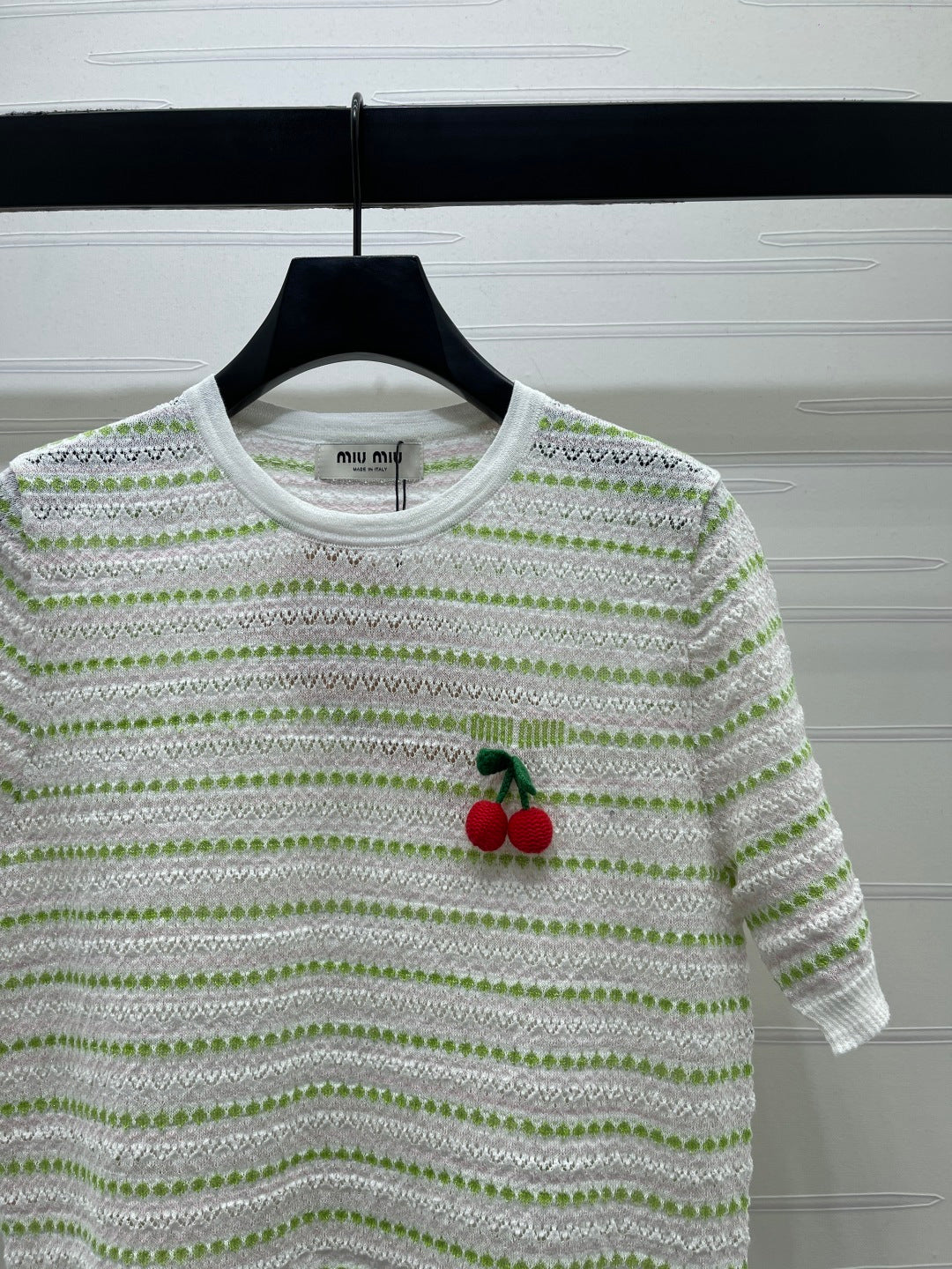 Miumiu 2026 Cherry-embroidered Knitted Shirt Tencel Nylon