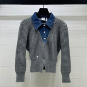 Dior 2026 Denim Patchwork Collared Knit Long-Sleeve Top Wool 779595