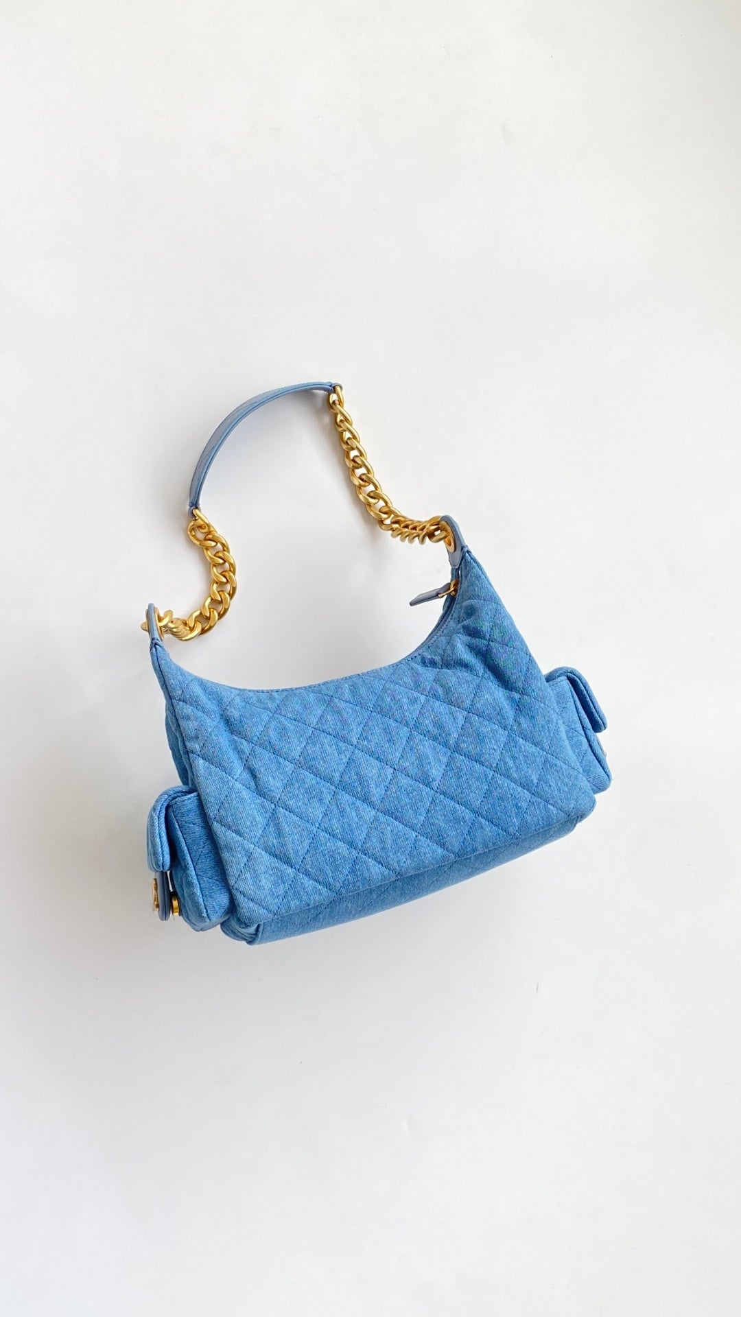 Chanel 25 Large Cargo Hobo Bag Blue Gold Denim Fabric