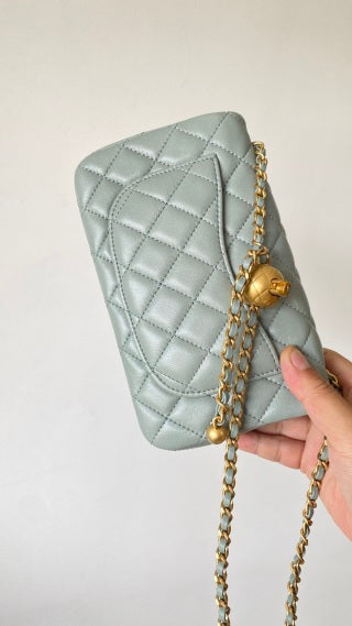 CC 25 classic flap bag 20 mini gold ball soft pastel green calfskin