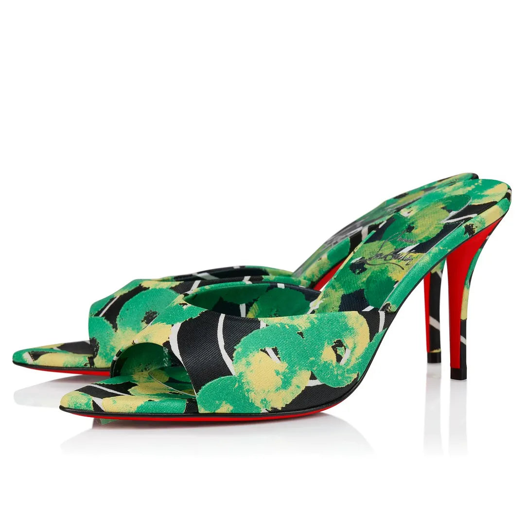 CL 26ss High Heel Mules 85 Green Black Canvas Leather