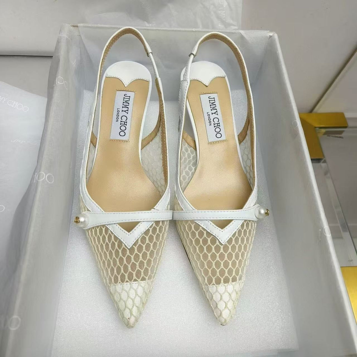 Jimmy Choo Slingback Pum White Beige Heel Mesh and Leather